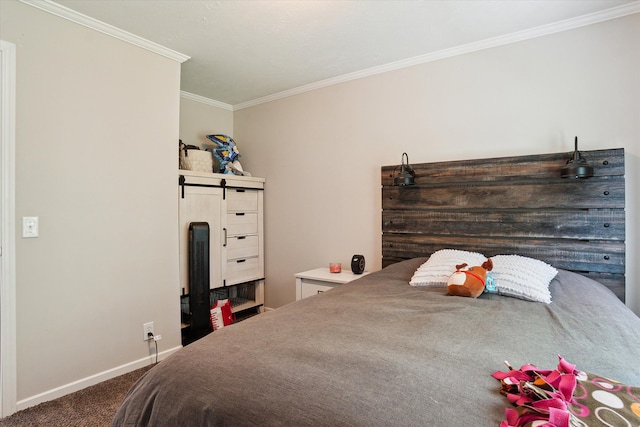 carpeted bedroom featuring ornamental molding