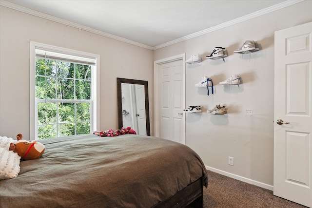 bedroom with carpet floors and ornamental molding