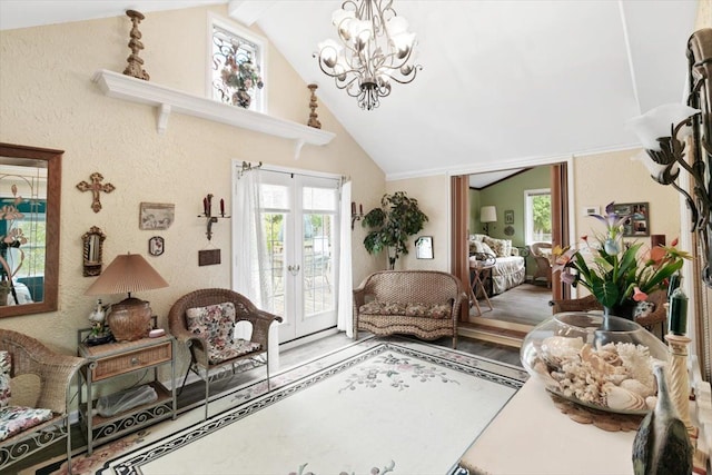 living area with french doors, wood-type flooring, vaulted ceiling, and a notable chandelier