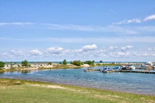 view of water feature with a dock