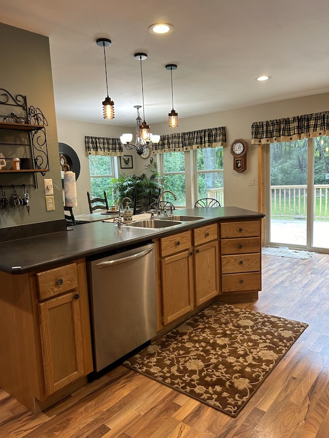 kitchen featuring stainless steel dishwasher, plenty of natural light, decorative light fixtures, and light hardwood / wood-style flooring