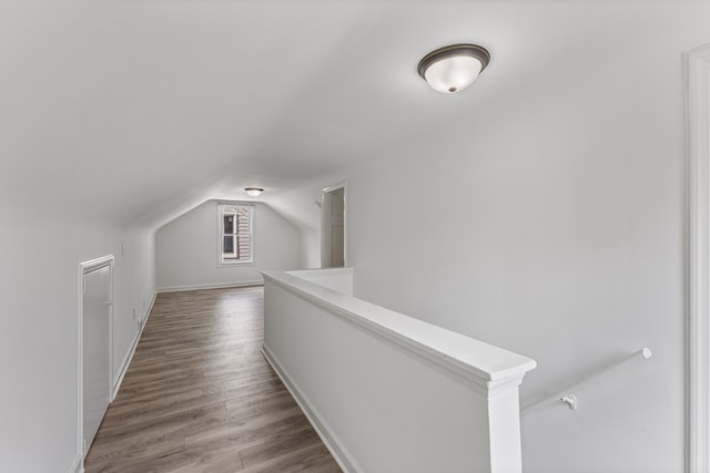 hall with hardwood / wood-style floors and lofted ceiling