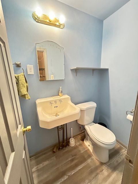 bathroom with hardwood / wood-style flooring, toilet, and sink