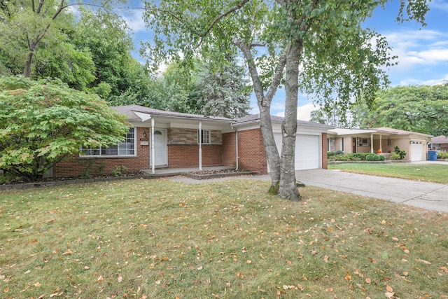 single story home with a garage and a front lawn