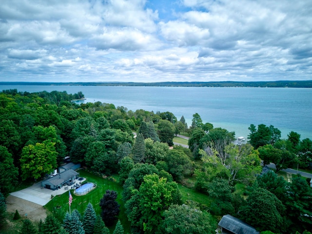 drone / aerial view with a water view