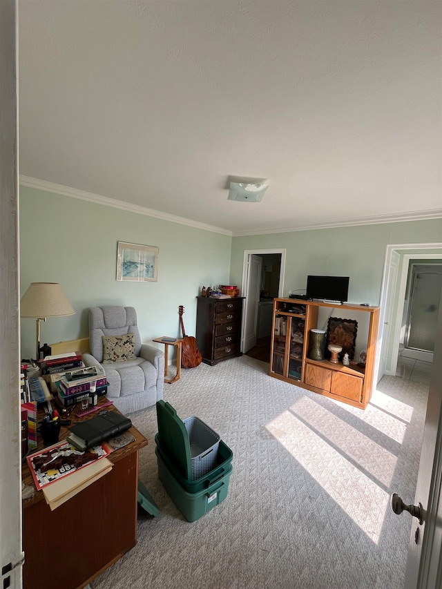 carpeted living room with crown molding