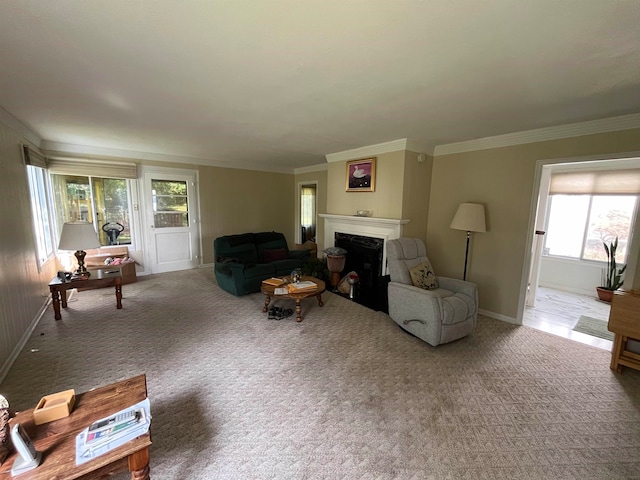 living room featuring plenty of natural light, carpet floors, and crown molding