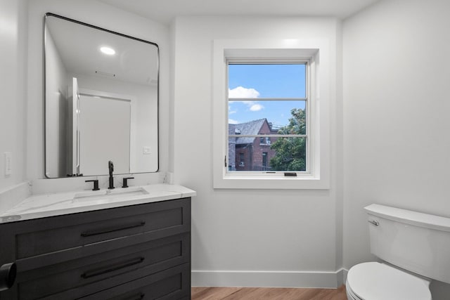 bathroom featuring hardwood / wood-style floors, vanity, and toilet