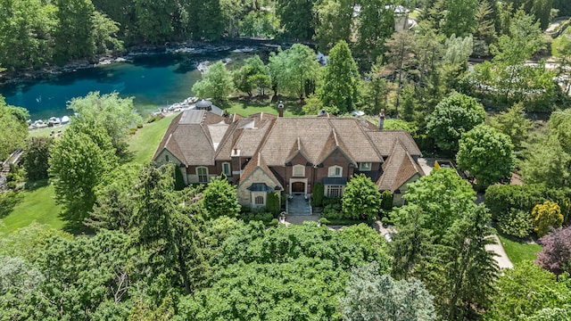 drone / aerial view with a water view