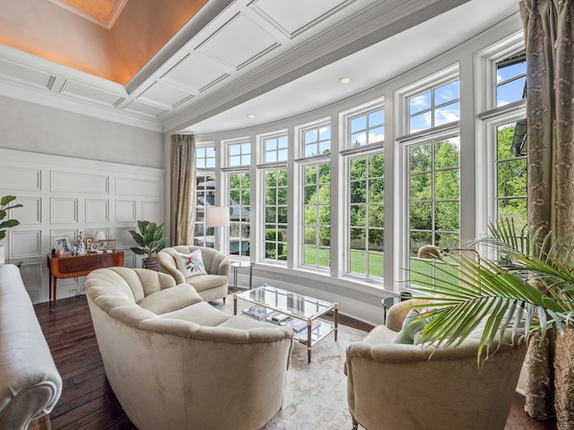 sunroom with plenty of natural light and coffered ceiling