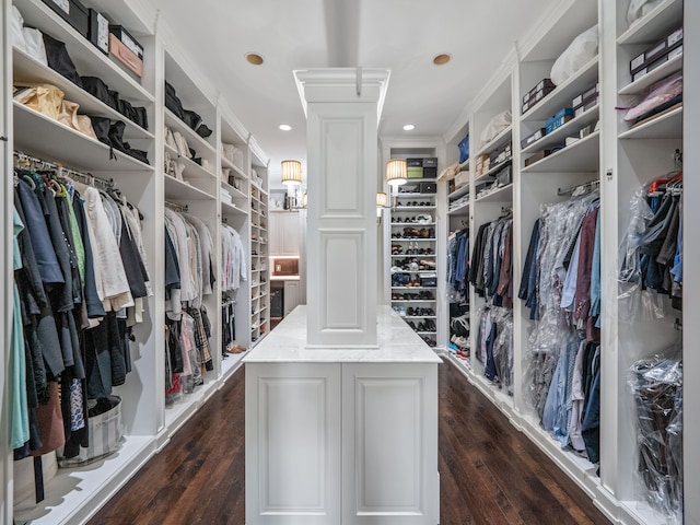 spacious closet with dark hardwood / wood-style flooring