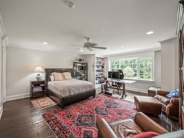 bedroom with ceiling fan, crown molding, and dark wood-type flooring