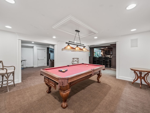 recreation room featuring carpet flooring, bar area, and billiards