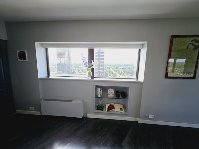 spare room featuring radiator heating unit and dark wood-type flooring