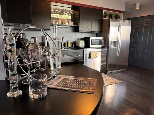 kitchen with stainless steel appliances and dark hardwood / wood-style floors