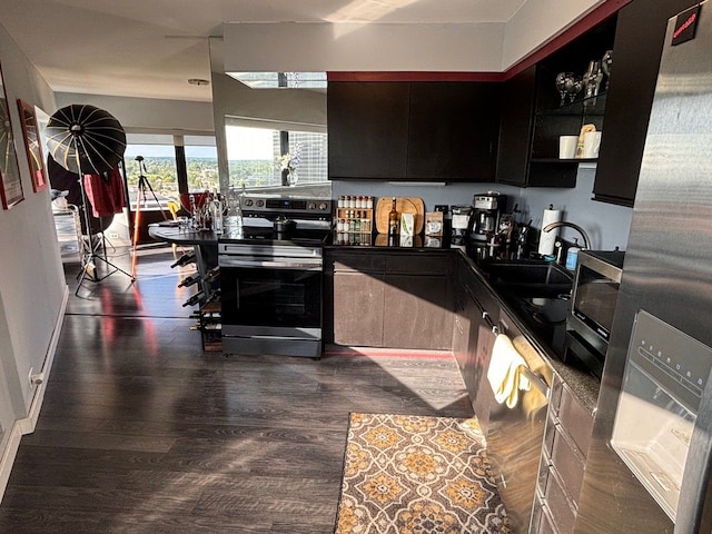 kitchen with sink, stainless steel appliances, and dark hardwood / wood-style floors