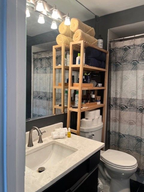 bathroom with a shower with curtain, vanity, and toilet