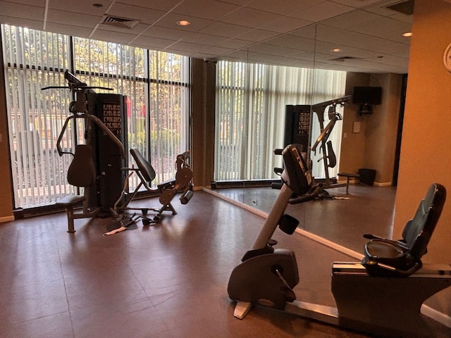 workout area with expansive windows and a drop ceiling