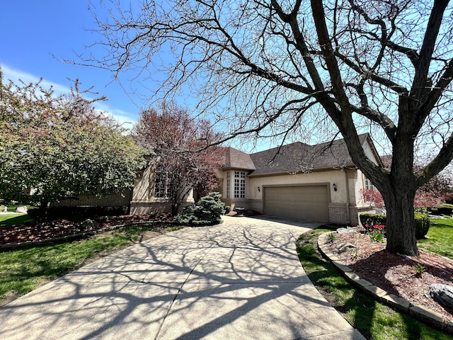 48280 Elmwood Dr, Shelby Twp, MI 48315 - view of front of house with concrete driveway, brick siding, a garage, and stucco siding