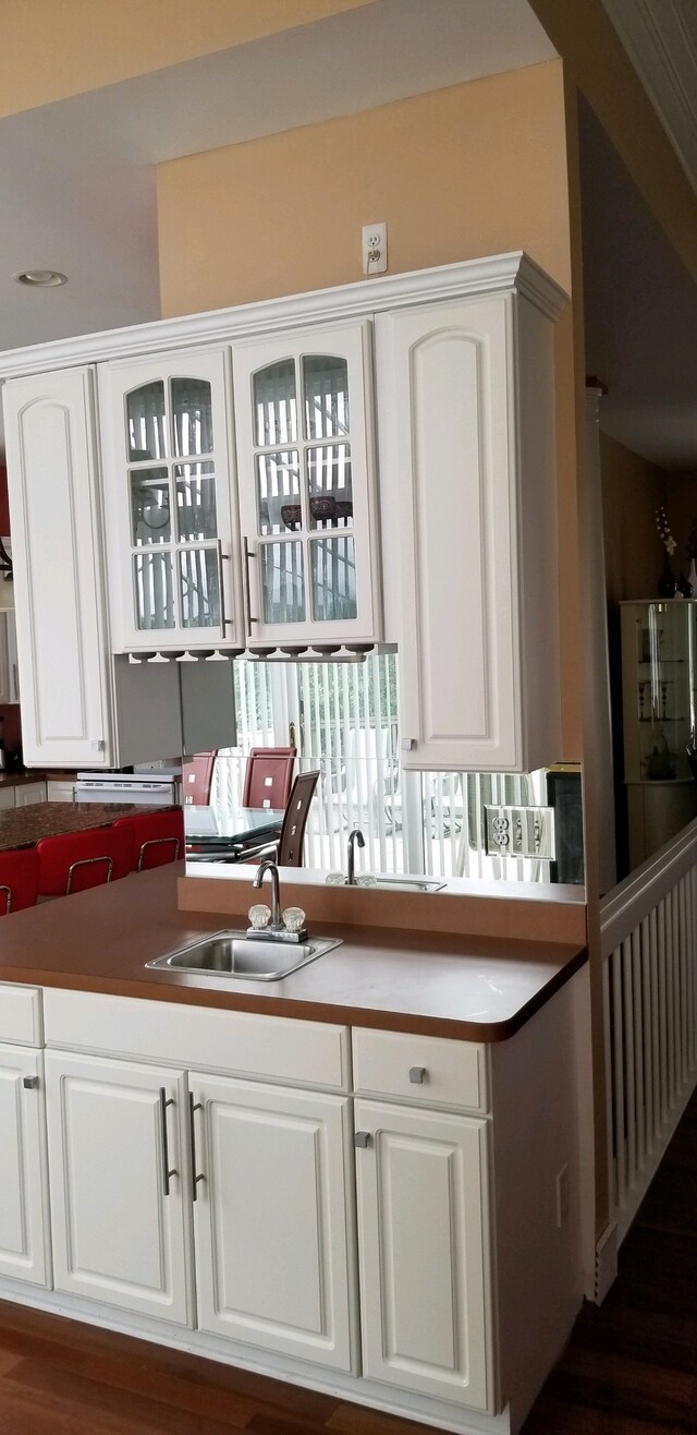 48280 Elmwood Dr, Shelby Twp, MI 48315 - kitchen featuring a sink, white cabinets, and glass insert cabinets