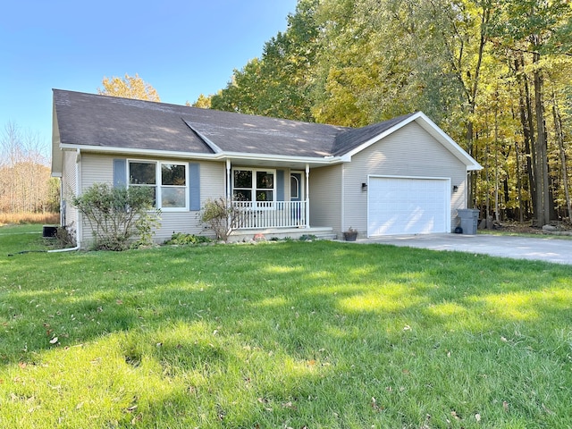 ranch-style house featuring a porch, a garage, and a front lawn