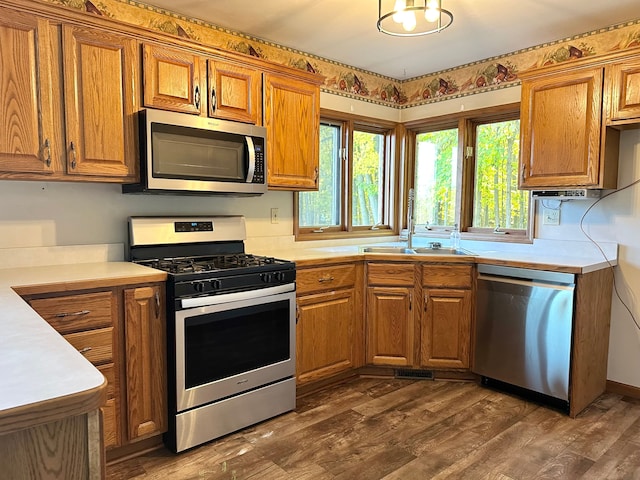 kitchen with dark wood-type flooring, stainless steel appliances, and sink