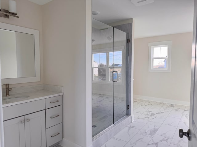 bathroom featuring vanity and walk in shower