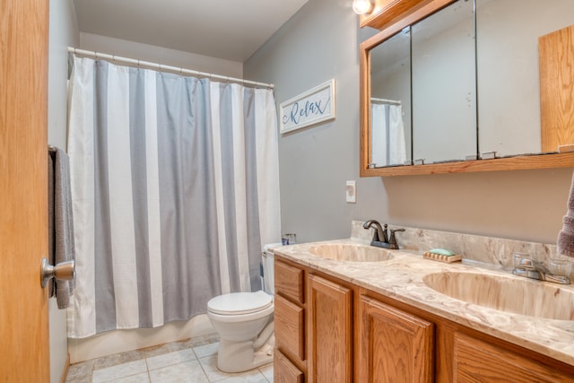 full bathroom with tile patterned flooring, vanity, toilet, and shower / bathtub combination with curtain