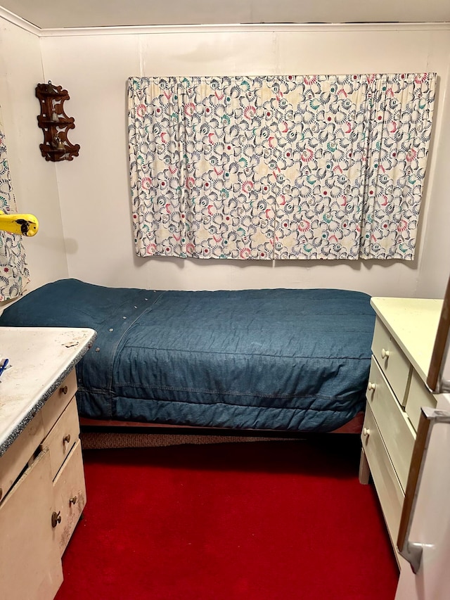 bedroom featuring dark carpet