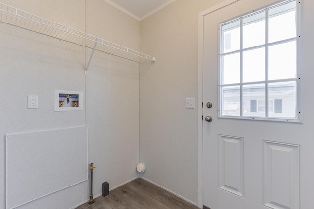 645 N Gallery Dr Unit 98, Eaton Rapids, MI 48827 - laundry room with hookup for a washing machine, wood finished floors, healthy amount of natural light, and ornamental molding
