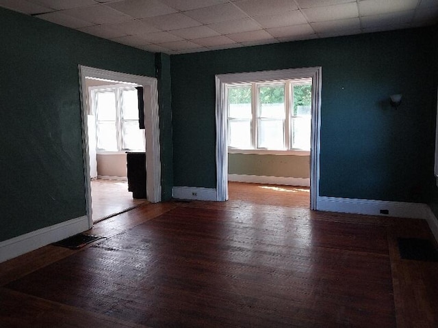 spare room featuring wood-type flooring, a drop ceiling, and a healthy amount of sunlight