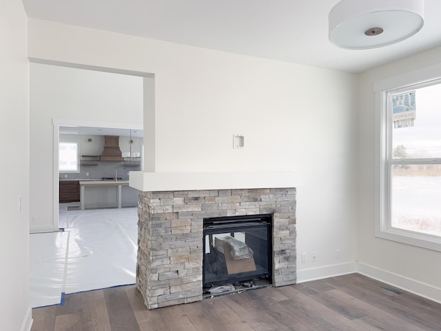 room details with backsplash, hardwood / wood-style flooring, premium range hood, and a stone fireplace