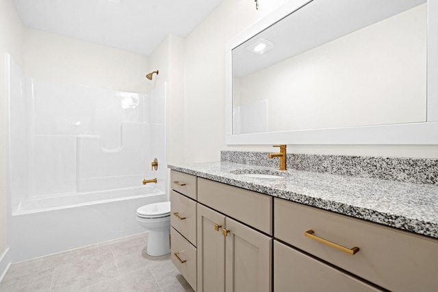 full bathroom with toilet, vanity, and shower / bathtub combination