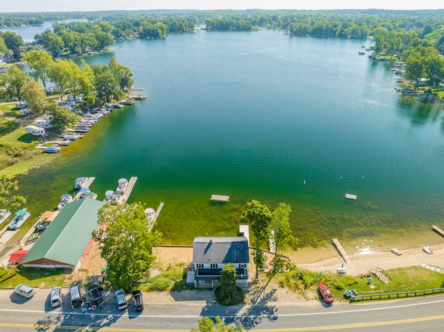 drone / aerial view with a water view