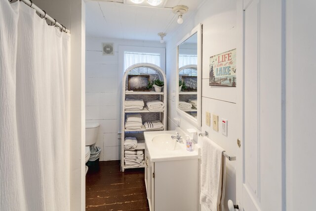 976 Doster Rd, Plainwell, MI 49080 - bathroom with toilet, vanity, wood finished floors, and curtained shower