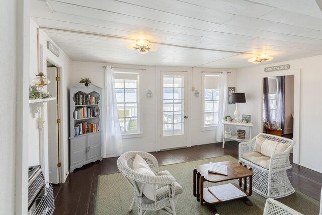 976 Doster Rd, Plainwell, MI 49080 - living room featuring wood-type flooring and wood ceiling
