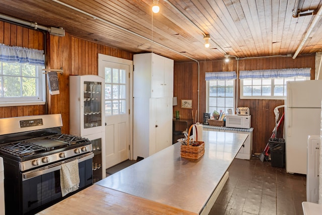 kitchen with wood walls, a healthy amount of sunlight, and white appliances