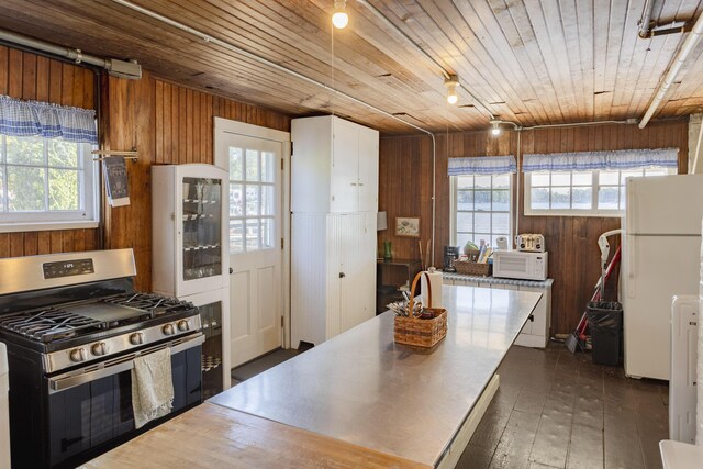 976 Doster Rd, Plainwell, MI 49080 - kitchen featuring white appliances, wood ceiling, stainless steel countertops, wooden walls, and dark wood finished floors