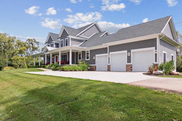 view of front of house with a garage, driveway, a shingled roof, a porch, and a front yard