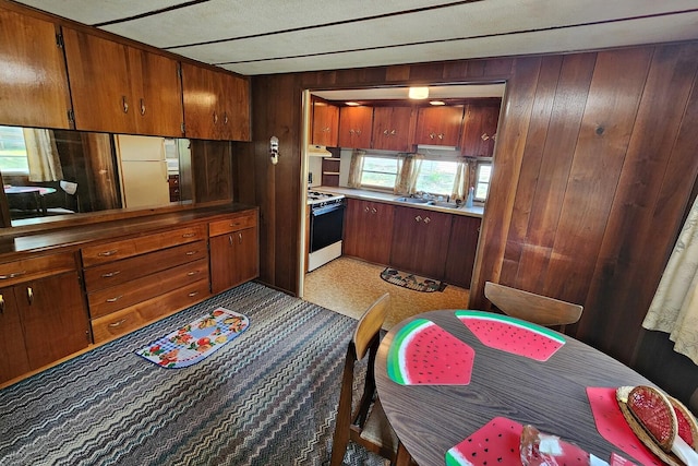 kitchen with sink, light carpet, white stove, and wood walls