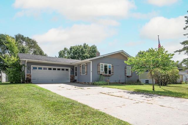 ranch-style house with a front yard and a garage