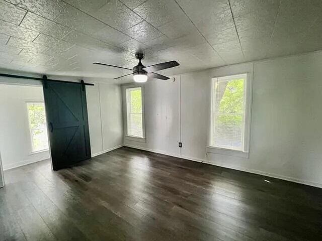 spare room featuring a barn door, plenty of natural light, and dark hardwood / wood-style floors