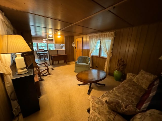 sitting room with wood walls and light carpet