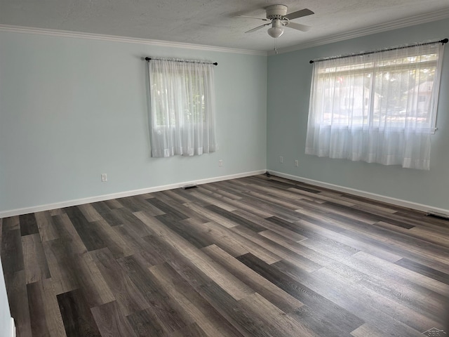 unfurnished room featuring ceiling fan, crown molding, dark wood-type flooring, and a textured ceiling