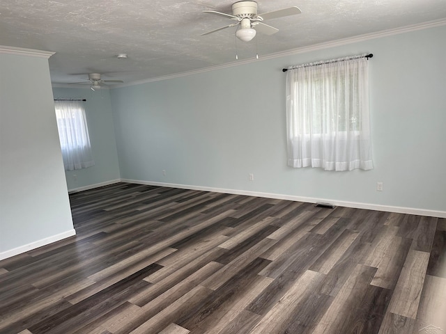 unfurnished room with crown molding, dark hardwood / wood-style flooring, ceiling fan, and a textured ceiling