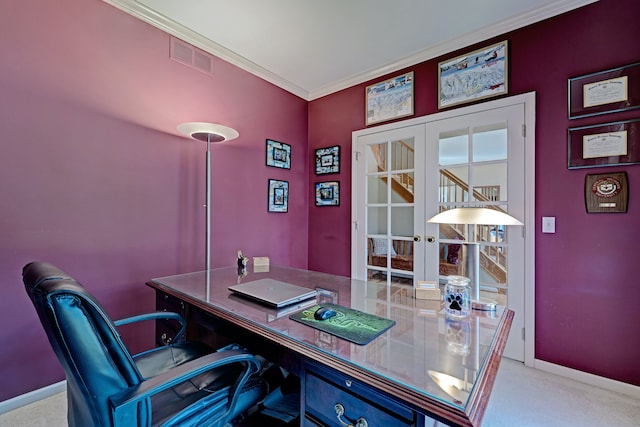 office featuring french doors, light colored carpet, and crown molding