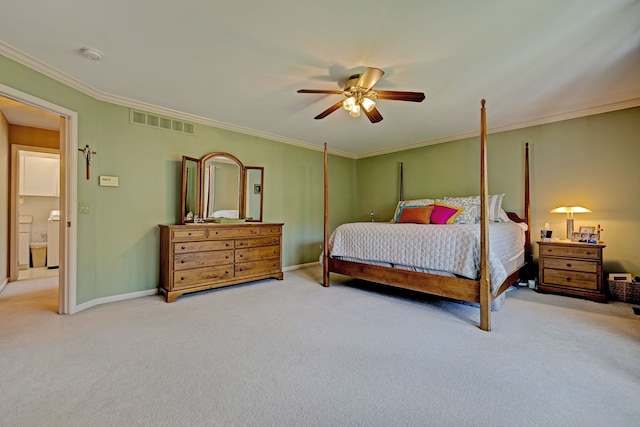 bedroom with ceiling fan, crown molding, and carpet