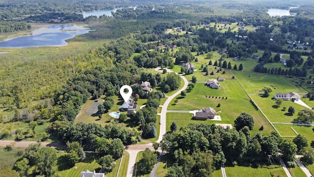 bird's eye view with a water view