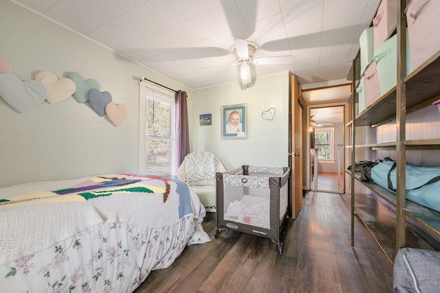 bedroom with ceiling fan, dark hardwood / wood-style flooring, and multiple windows