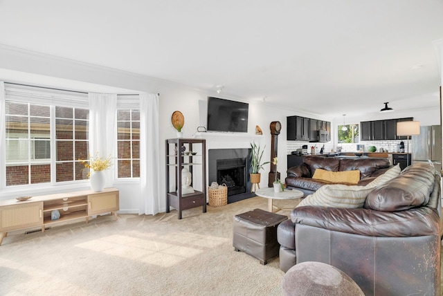 carpeted living room featuring crown molding and a fireplace